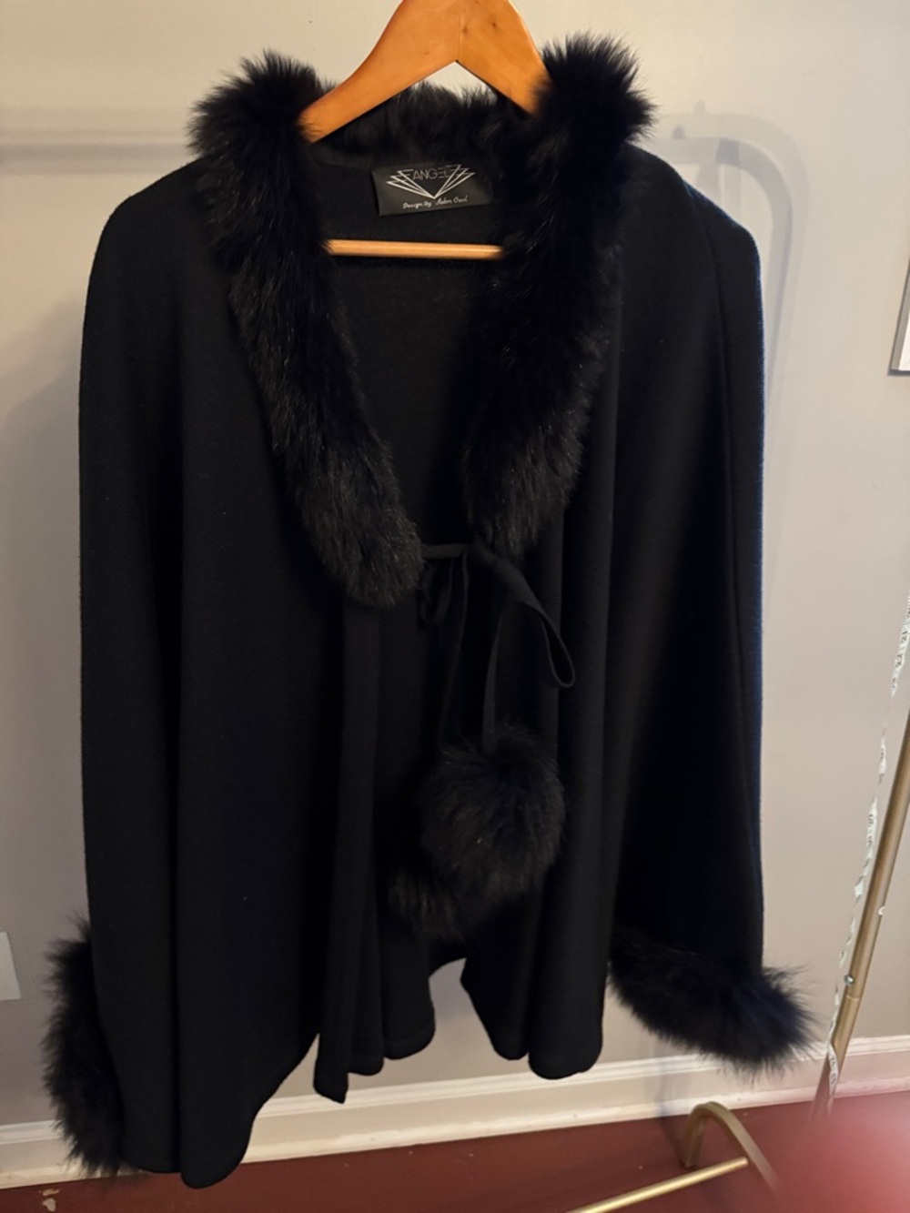 Angel design by Tabri Ozel Black Fur Trim Cape/Cardigan with Pom Ties